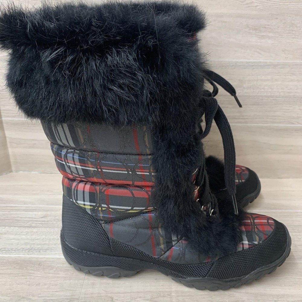 Coach Jennie Fur Lace Winter Boots Black Red Plaid Women's Size 6.5B - Picture 4 of 9